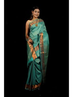 Isadora Life - Womens Woven Zari Blue Pre-Draped Saree With Unstitched Blouse
