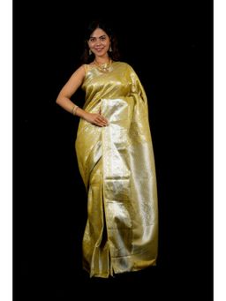 Isadora Life - Womens Woven Zari Yellow Pre-Draped Saree With Unstitched Blouse