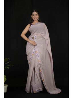 Isadora Life - Womens Bandhani Printed Grey Pre-Draped Saree With Unstitched Blouse