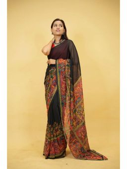 Isadora Life - Womens Printed Black Pre-Draped Saree With Unstitched Blouse