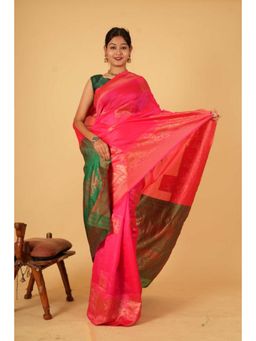 Isadora Life - Womens Woven Zari Pink Pre-Draped Saree With Unstitched Blouse