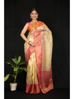Isadora Life - Womens Woven Zari Beige Pre-Draped Saree With Unstitched Blouse