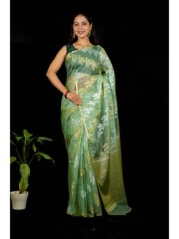 Isadora Life - Womens Embroidered Zari Green Pre-Draped Saree With Unstitched Blouse