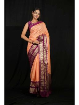Isadora Life - Womens Woven Zari Orange Pre-Draped Saree With Unstitched Blouse