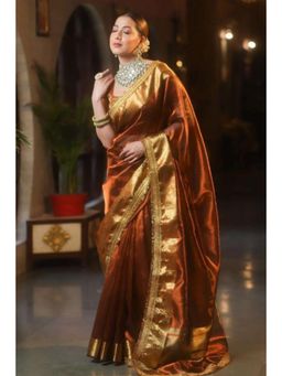 Isadora Life - Womens Woven Zari Brown Pre-Draped Saree With Unstitched Blouse