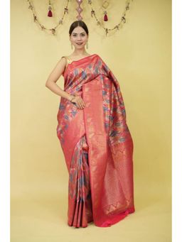 Isadora Life - Womens Floral Zari Pink Pre-Draped Saree With Unstitched Blouse