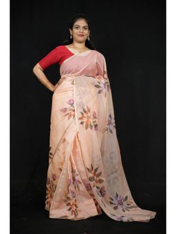 Isadora Life - Womens Floral Hand Painted Peach Pre-Draped Saree With Unstitched Blouse