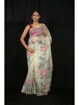 Isadora Life - Womens Floral Printed Cream Pre-Draped Saree With Unstitched Blouse