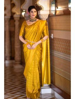 Isadora Life - Womens Woven Zari Yellow Pre-Draped Saree With Unstitched Blouse