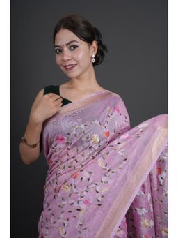 Isadora Life - Womens Floral Embroidered Pink Pre-Draped Saree With Unstitched Blouse