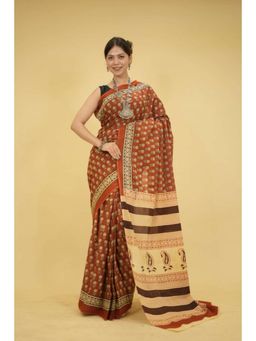 Isadora Life - Womens Floral Printed Brown Pre-Draped Saree With Unstitched Blouse