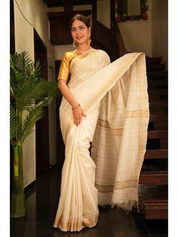 Isadora Life - Womens Checks Zari Ivory Pre-Draped Saree With Unstitched Blouse