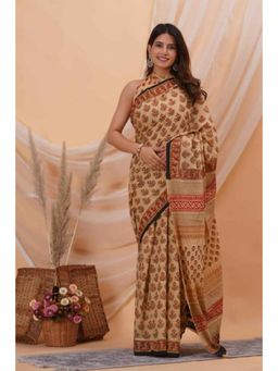 Isadora Life - Womens Block Print Beige Pre-Draped Saree With Unstitched Blouse