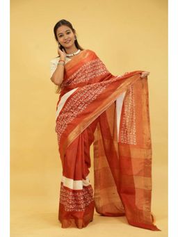 Isadora Life - Womens Printed Rust Pre-Draped Saree With Unstitched Blouse