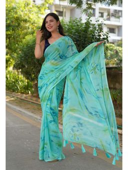 Isadora Life - Womens Printed Tassels Blue Pre-Draped Saree With Unstitched Blouse