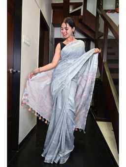 Isadora Life - Womens Printed Tassels Grey Pre-Draped Saree With Unstitched Blouse