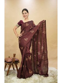 Isadora Life - Womens Embroidered Tassels Brown Pre-Draped Saree With Unstitched Blouse