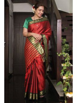 Isadora Life - Womens Woven Tassels Red Pre-Draped Saree With Unstitched Blouse