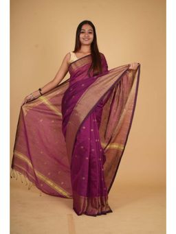 Isadora Life - Womens Woven Tassels Purple Pre-Draped Saree With Unstitched Blouse