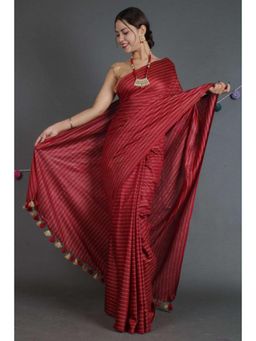 Isadora Life - Womens Stripes Tassels Maroon Pre-Draped Saree With Unstitched Blouse