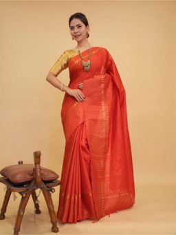 Isadora Life - Womens Stripes Zari Orange Pre-Draped Saree With Unstitched Blouse