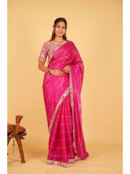 Isadora Life - Womens Sequined Mirror Work Pink Pre-Draped Saree With Unstitched Blouse