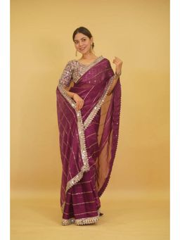 Isadora Life - Womens Sequined Mirror Work Purple Pre-Draped Saree With Unstitched Blouse