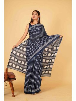 Isadora Life - Womens Polka Dots Printed Navy Blue Pre-Draped Saree With Unstitched Blouse