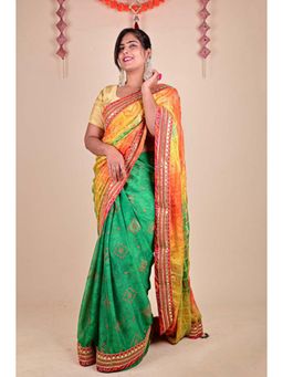 Isadora Life - Womens Printed Gota Multi-Color Pre-Draped Saree With Unstitched Blouse