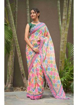 Isadora Life - Womens Printed Mirror Work Multi-Color Pre-Draped Saree With Unstitched Blouse