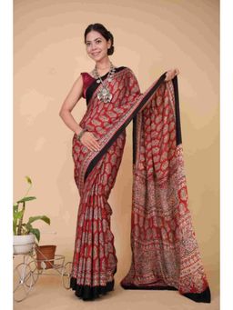 Isadora Life - Womens Paisley Printed Red Pre-Draped Saree With Unstitched Blouse