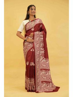 Isadora Life - Womens Printed Maroon Pre-Draped Saree With Unstitched Blouse