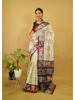 Isadora Life - Womens Typography Printed Cream Pre-Draped Saree With Unstitched Blouse
