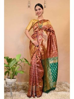 Isadora Life - Womens Woven Zari Red Pre-Draped Saree With Unstitched Blouse