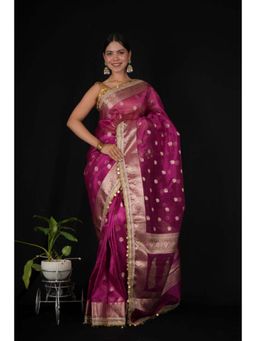 Isadora Life - Womens Woven Zari Purple Pre-Draped Saree With Unstitched Blouse