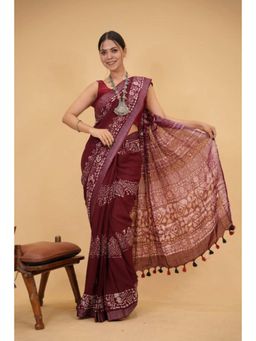 Isadora Life - Womens Printed Tassels Maroon Pre-Draped Saree With Unstitched Blouse