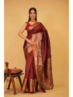 Isadora Life - Womens Woven Tassels Maroon Pre-Draped Saree With Unstitched Blouse