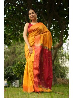 Isadora Life - Womens Woven Tassels Yellow Pre-Draped Saree With Unstitched Blouse