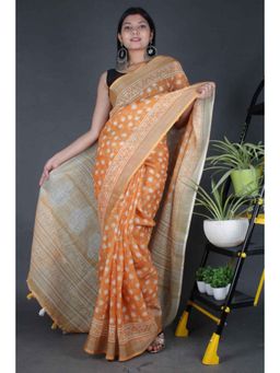 Isadora Life - Womens Floral Tassels Orange Pre-Draped Saree With Unstitched Blouse