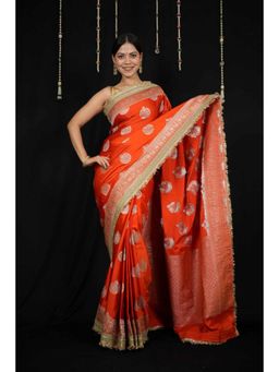 Isadora Life - Womens Woven Zari Orange Pre-Draped Saree With Unstitched Blouse