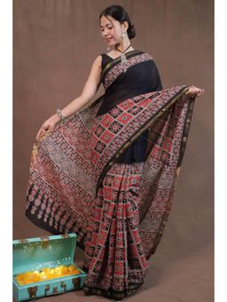 Isadora Life - Womens Printed Black Pre-Draped Saree With Unstitched Blouse