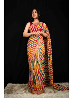 Isadora Life - Womens Leheriya Multi-Color Pre-Draped Saree With Unstitched Blouse