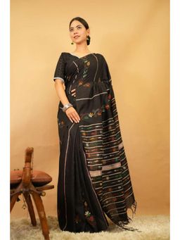 Isadora Life - Womens Embroidered Tassels Black Pre-Draped Saree With Unstitched Blouse