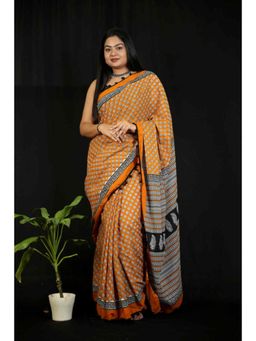 Isadora Life - Womens Block Print Mustard Pre-Draped Saree With Unstitched Blouse