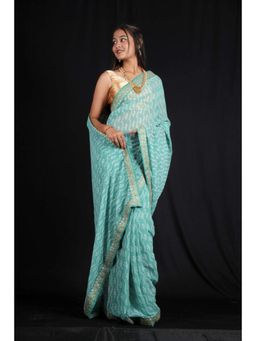 Isadora Life - Womens Bandhani Printed Blue Pre-Draped Saree With Unstitched Blouse