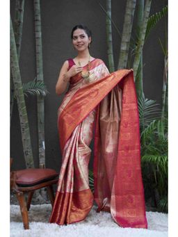 Isadora Life - Womens Floral Zari Beige Pre-Draped Saree With Unstitched Blouse