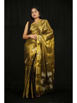 Isadora Life - Womens Woven Zari Green Pre-Draped Saree With Unstitched Blouse