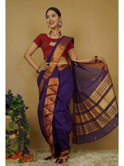 Isadora Life - Womens Woven Zari Purple Pre-Draped Saree With Unstitched Blouse