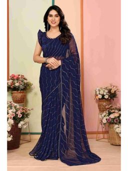 Isadora Life - Womens Sequined Navy Blue Pre-Draped Saree With Unstitched Blouse