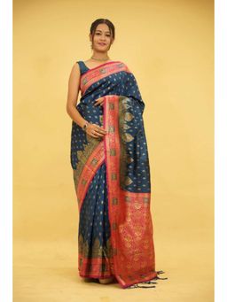 Isadora Life - Womens Woven Tassels Blue Pre-Draped Saree With Unstitched Blouse